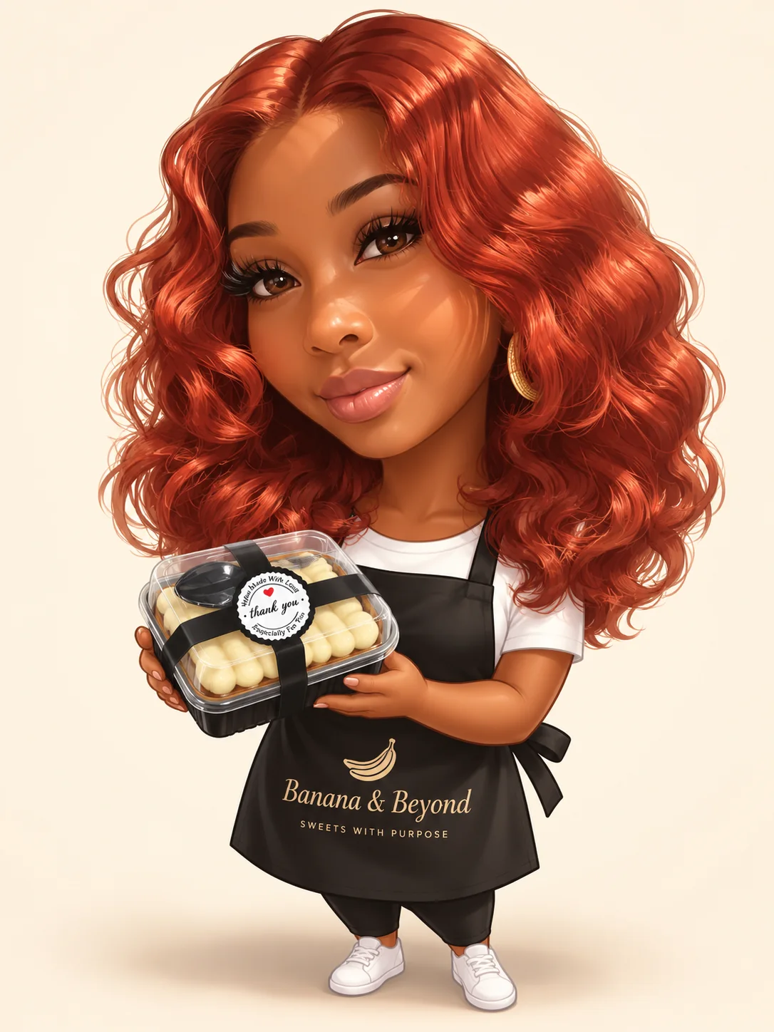 Chibi illustration of the Banana & Beyond baker holding a packed loaf cake