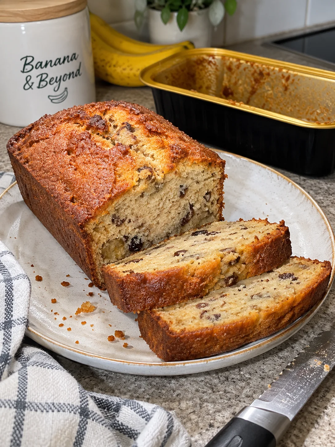 Classic Banana & Beyond banana loaf sliced on a plate