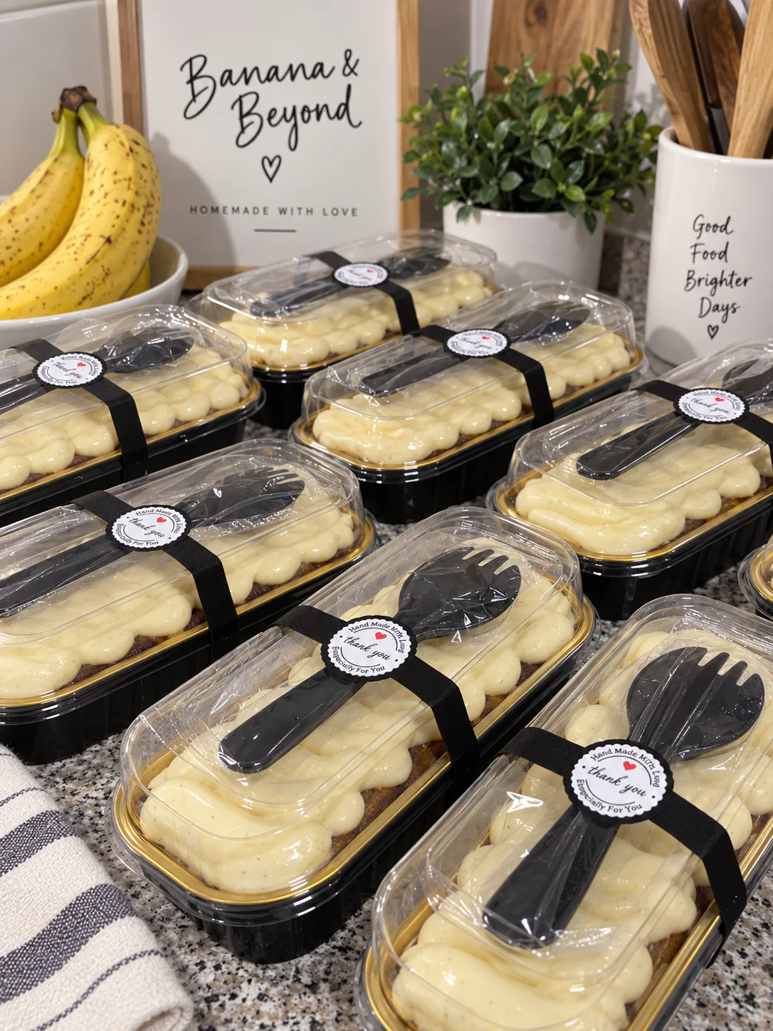 Rows of Banana & Beyond loaf cakes packed and ready for customers