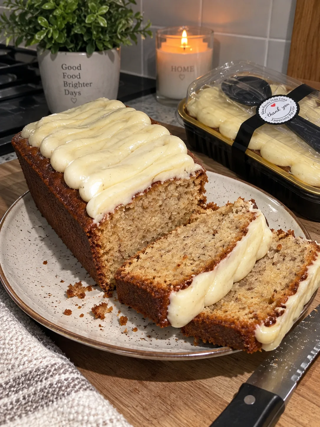 Banana & Beyond iced banana loaf sliced and ready to serve